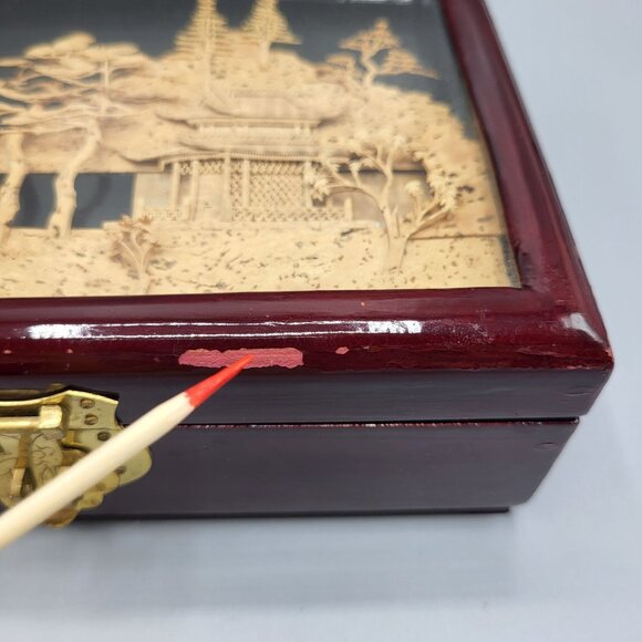 Vintage Chinese Hand Carved Cork Diorama Jewelry Box Red Lining Wood Box SEE - Picture 10 of 16